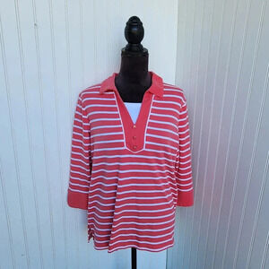 Drappers & Damon's Pullover Knit Top Shirt Women's Coral Pink White Striped Sz L